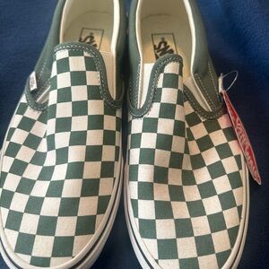Vans Green and White Checkered Slip-Ons
